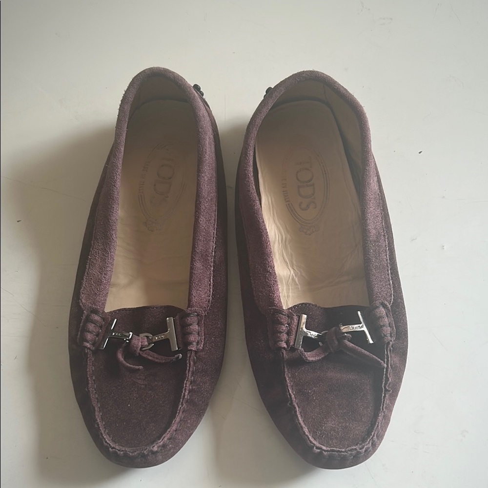 Tod's Plum Suede Driving Loafers with Silver Bit